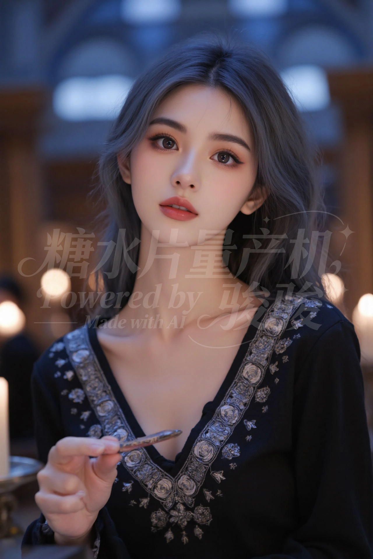 身披落叶织就的华裳，发丝随秋风轻扬