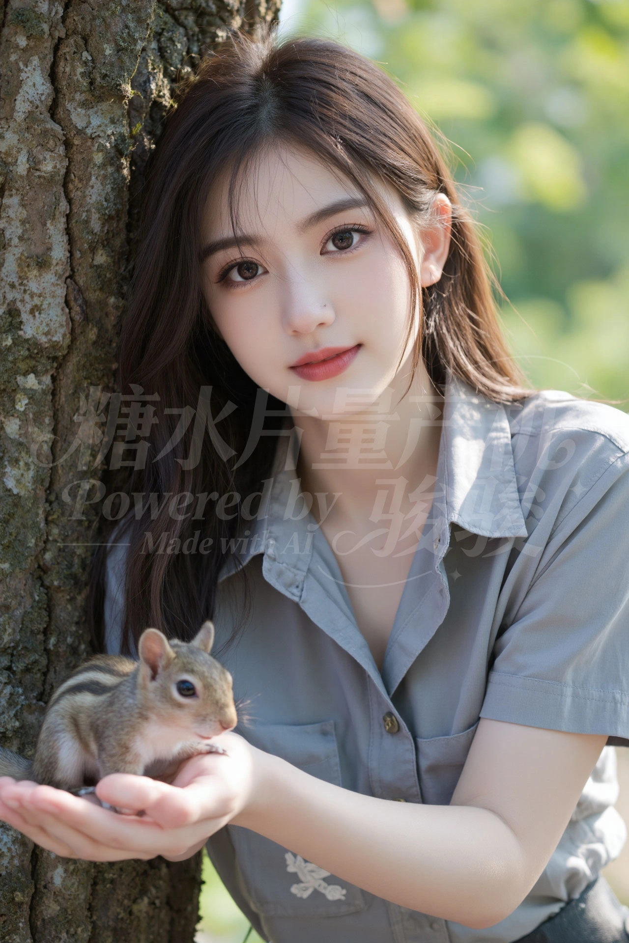 身披落叶织就的华裳，发丝随秋风轻扬