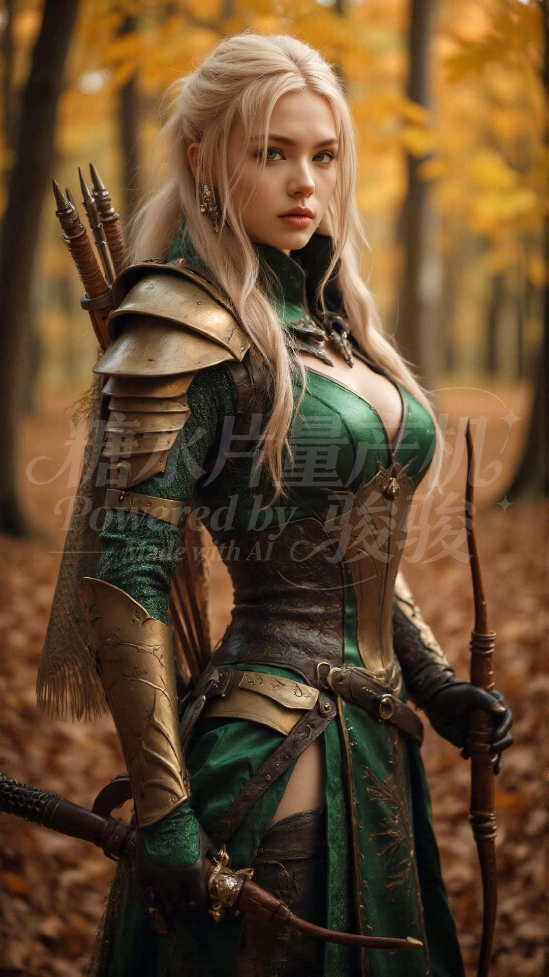 身披落叶织就的华裳，发丝随秋风轻扬