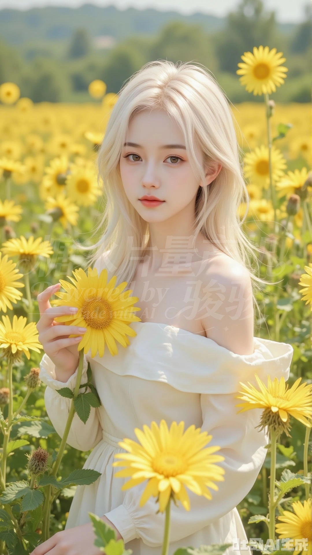 倚窗托腮，粉裙衬着窗外绿野