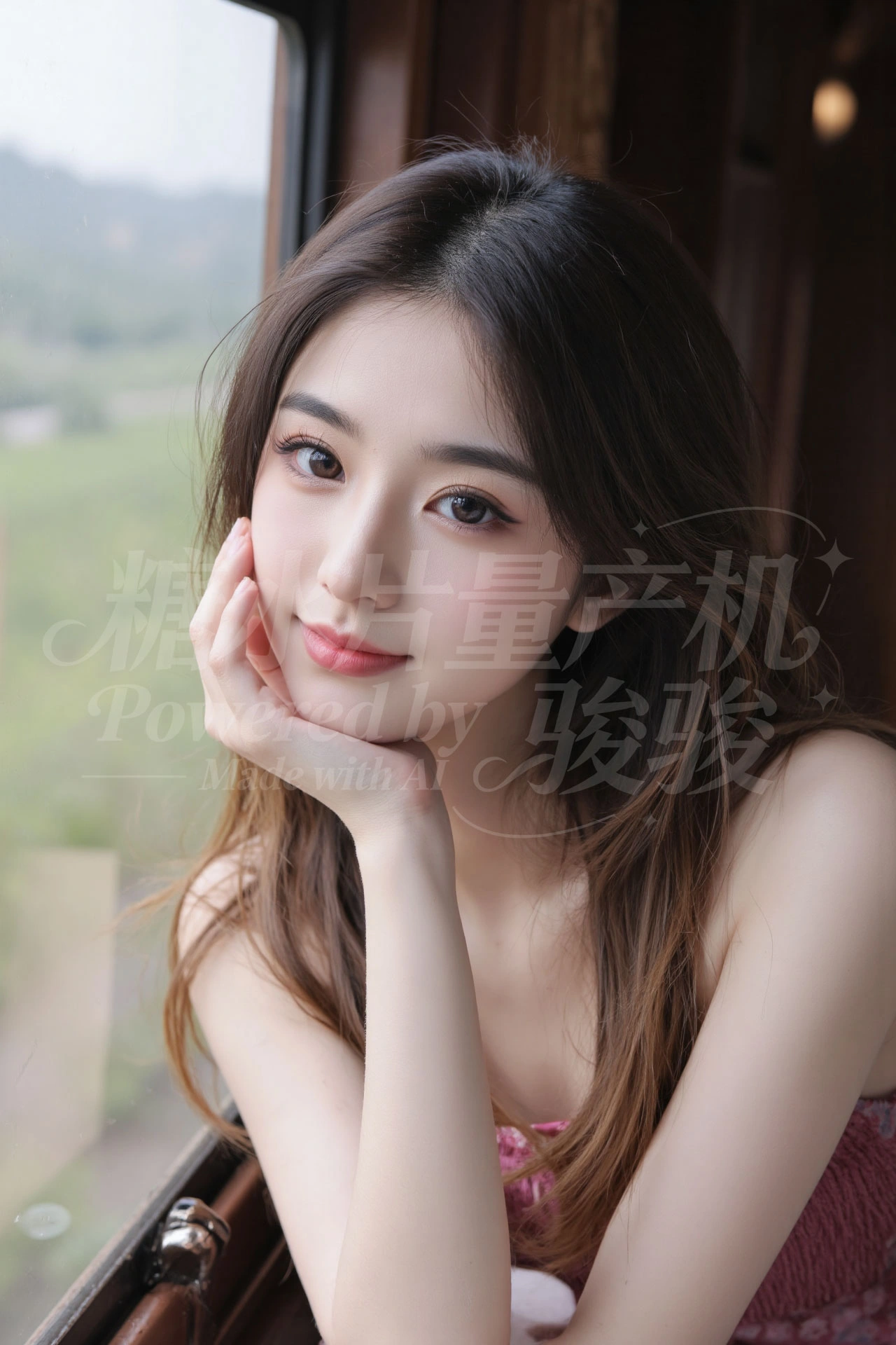 倚窗托腮，粉裙衬着窗外绿野