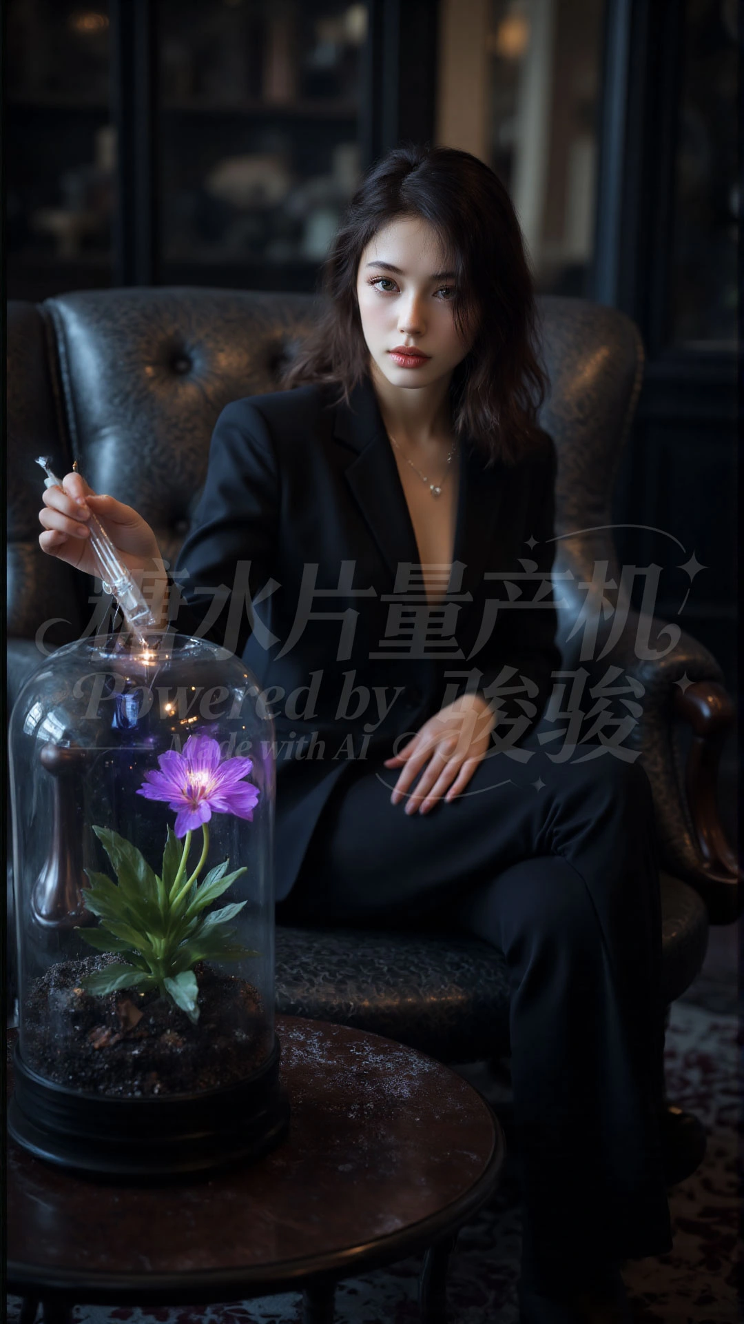 复古书房中，指尖点亮瓶中紫花