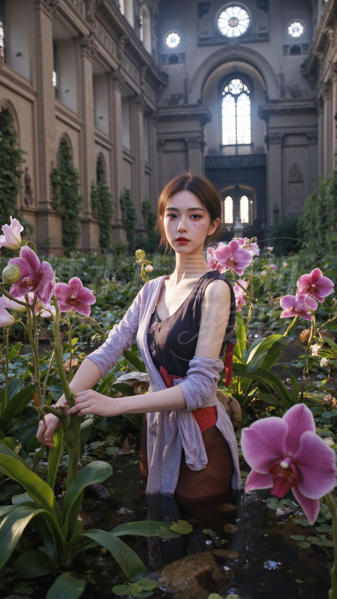 蝶海幻境中，她蓝发如瀑，青衫似釉