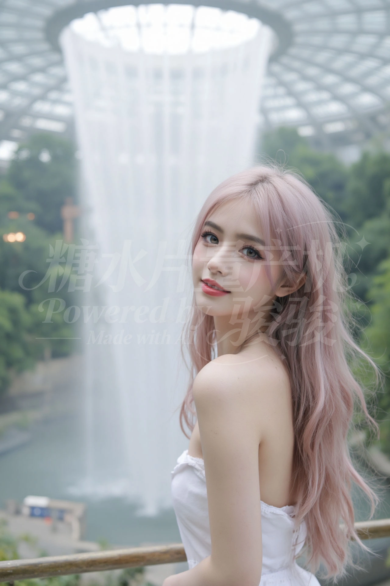 瀑布穹顶下，粉发如霞，白裙似云