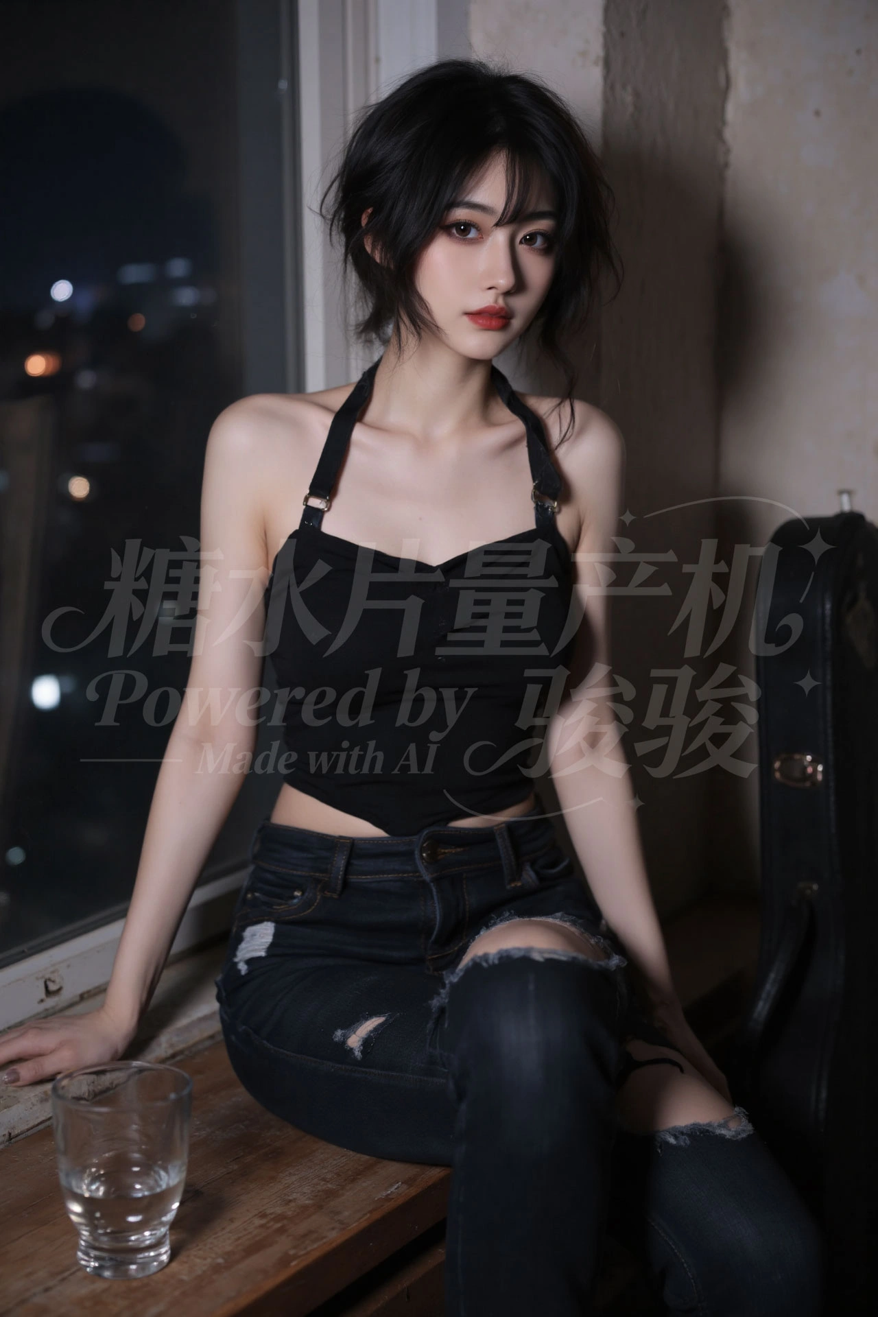 瀑布穹顶下，粉发如霞，白裙似云