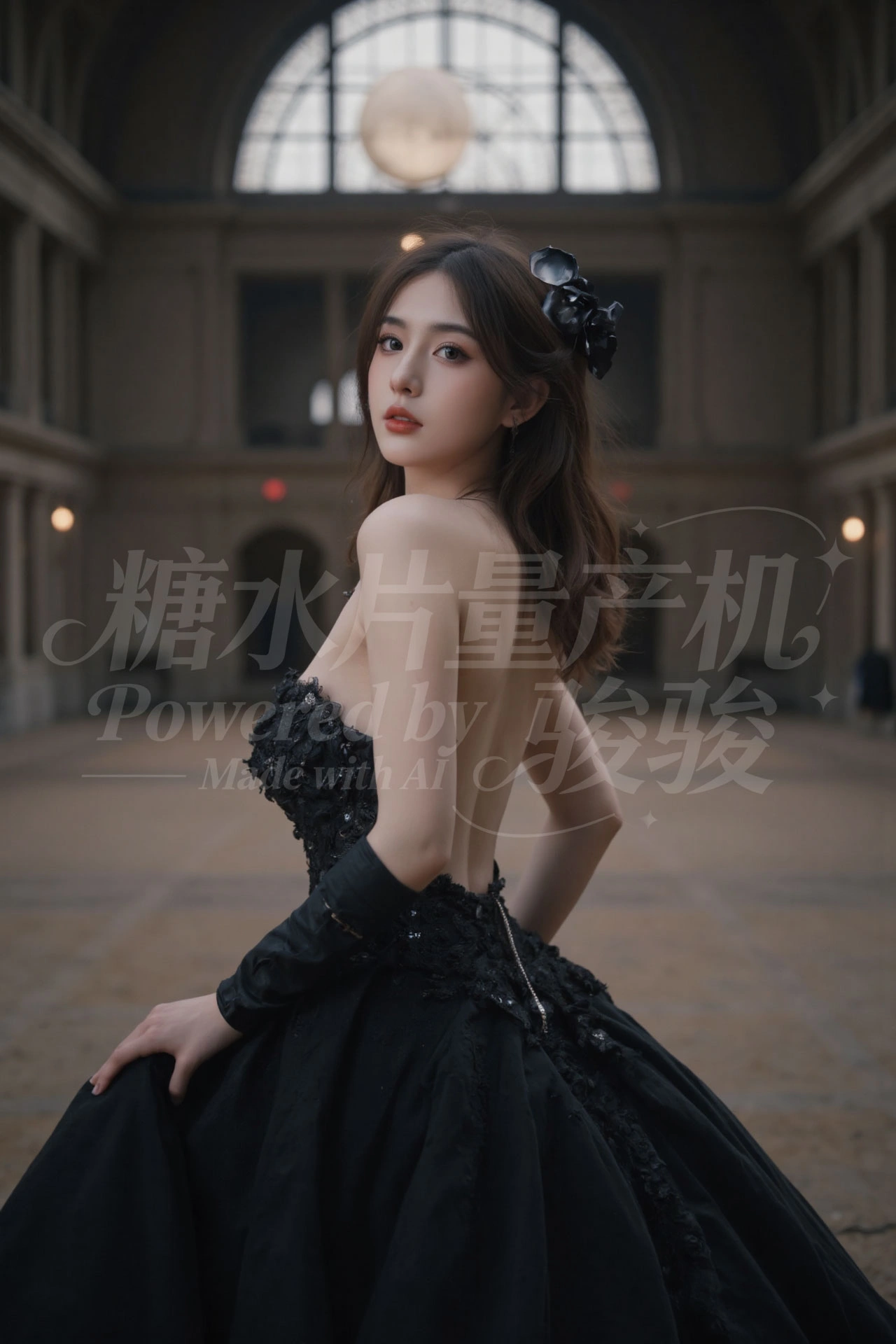 瀑布穹顶下，粉发如霞，白裙似云