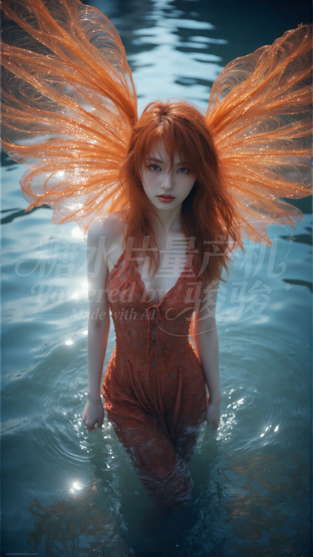 瀑布穹顶下，粉发如霞，白裙似云