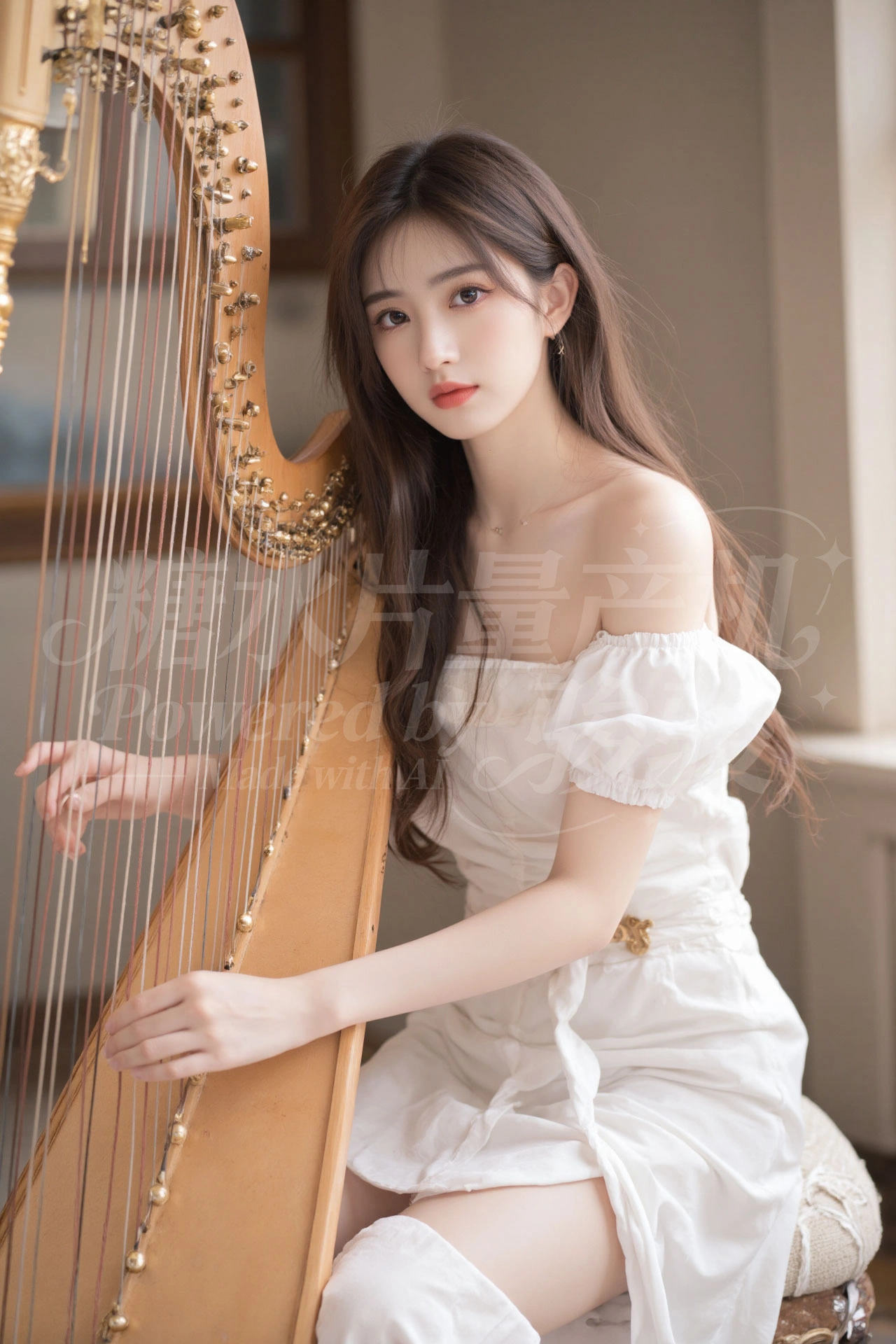 瀑布穹顶下，粉发如霞，白裙似云