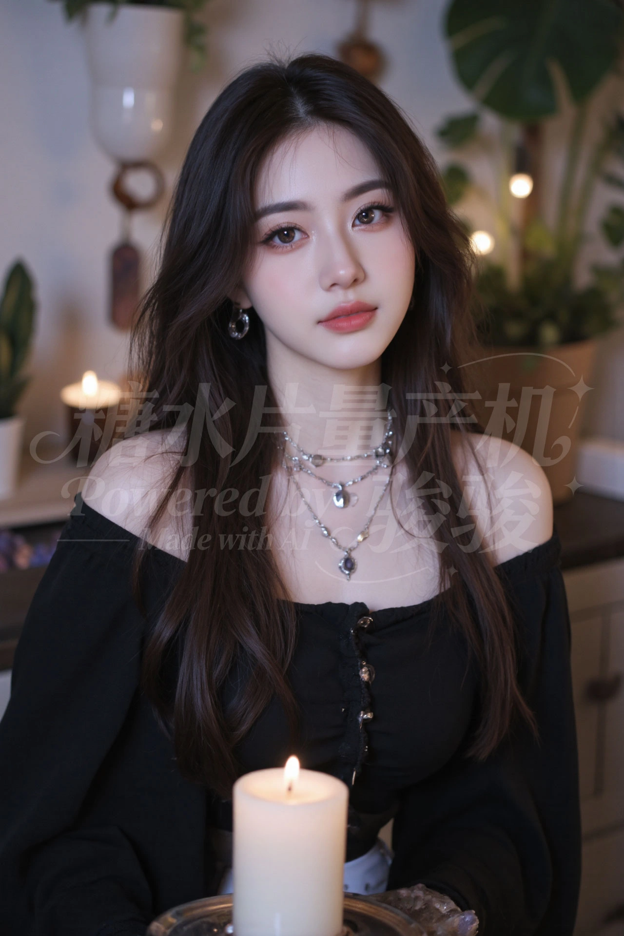 瀑布穹顶下，粉发如霞，白裙似云