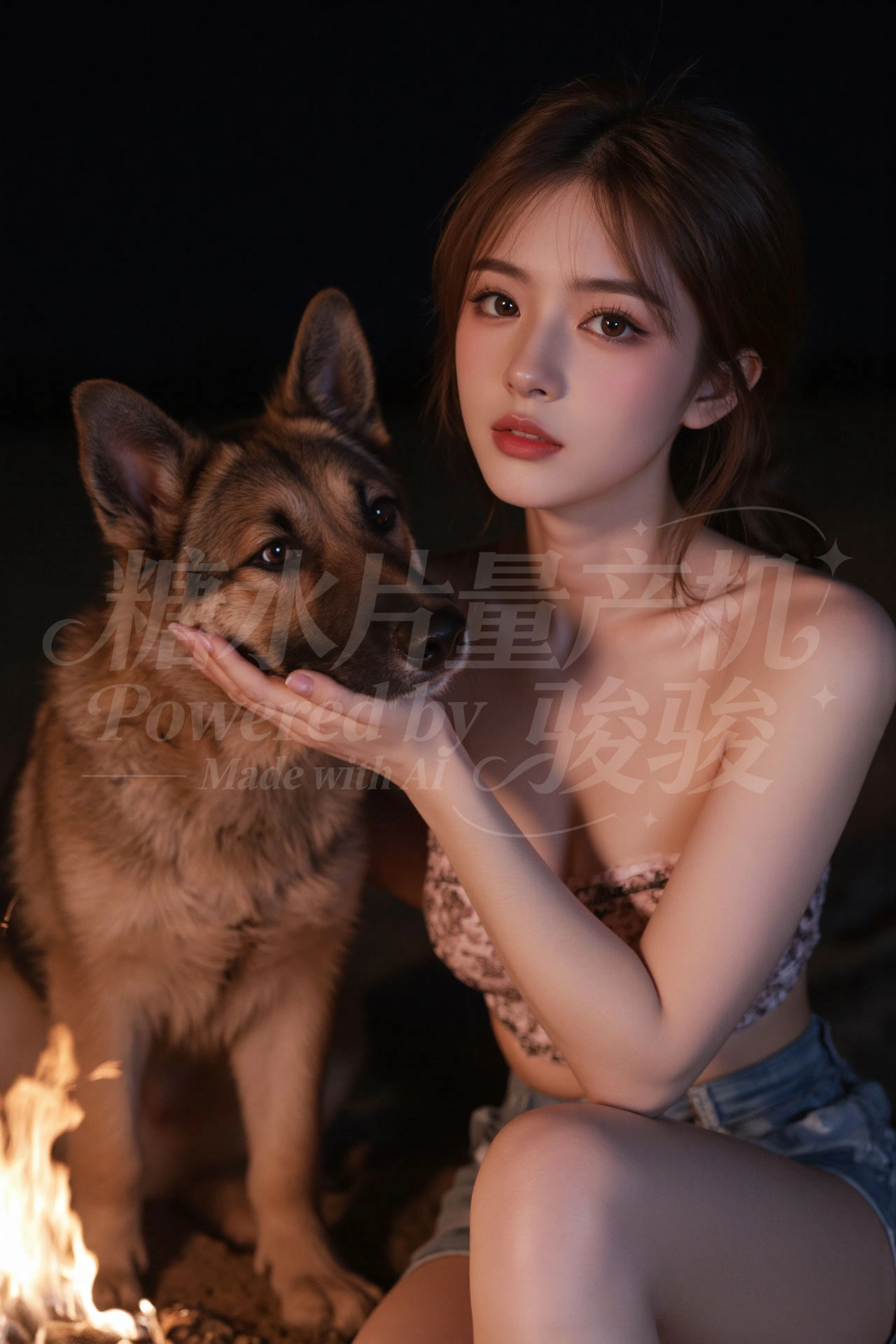 荒野篝火旁，碎花抹胸混着牛仔热裤