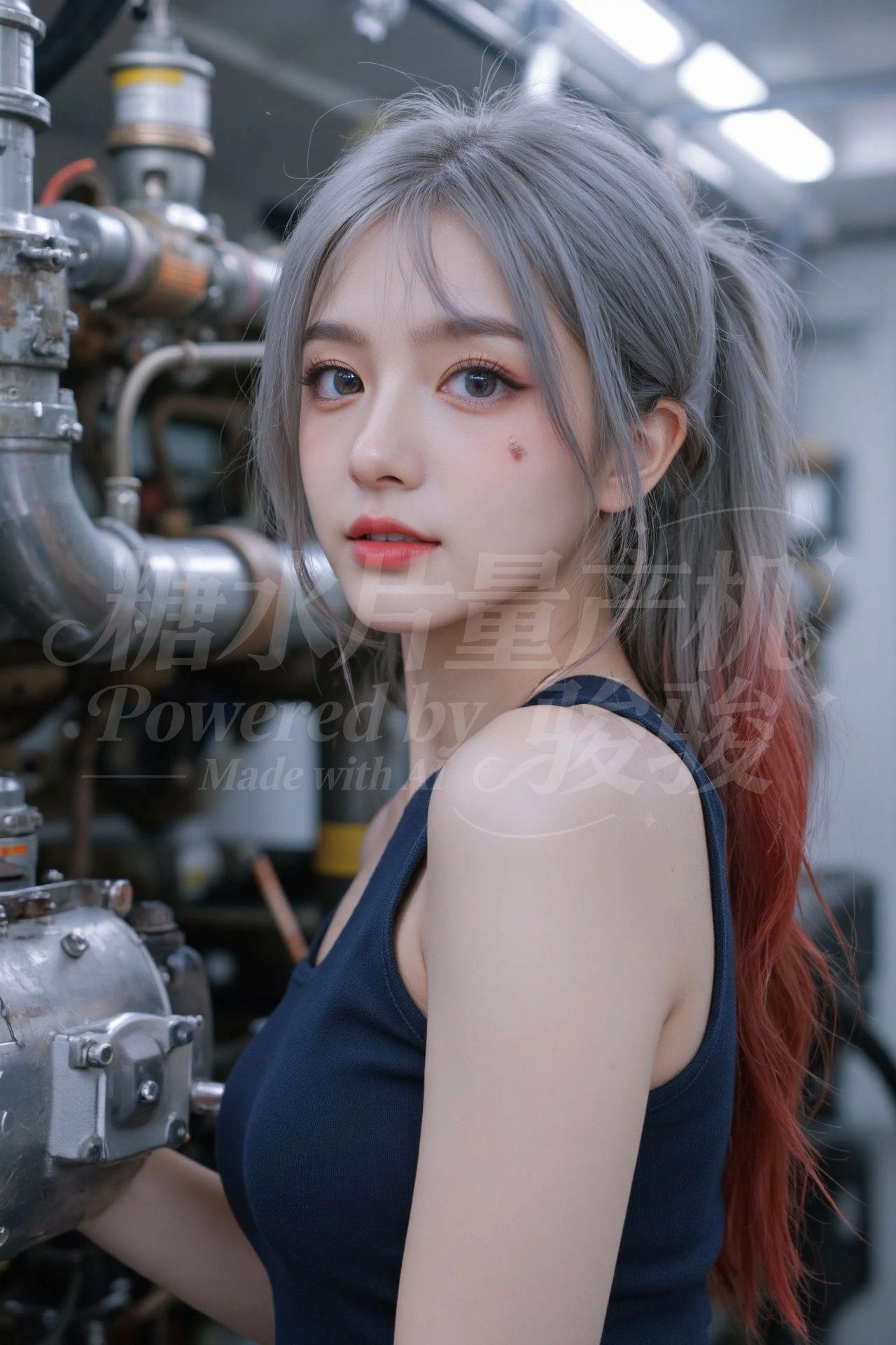 紫藤花瀑下，银发白裙，手捻花穗