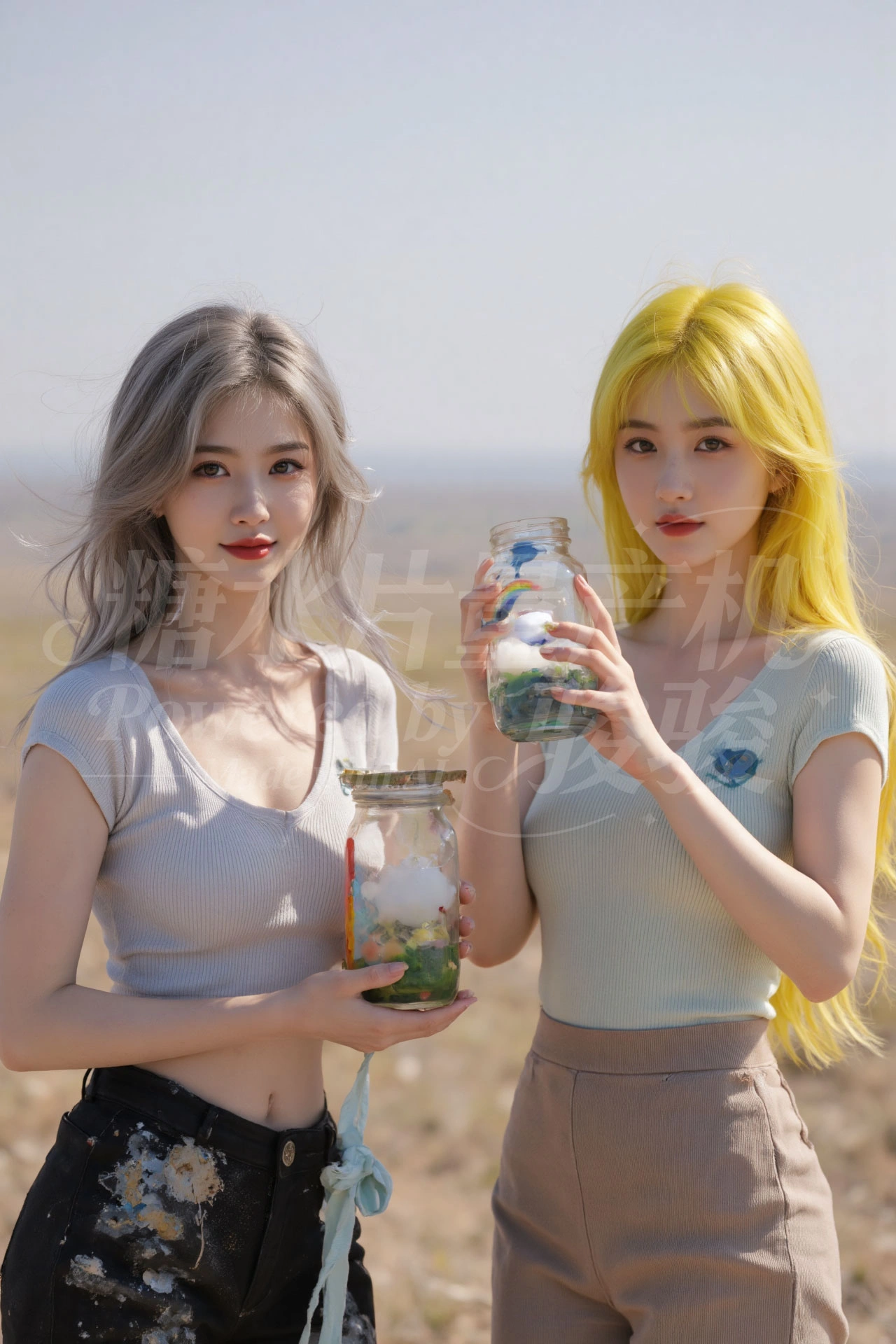 紫藤花瀑下，银发白裙，手捻花穗