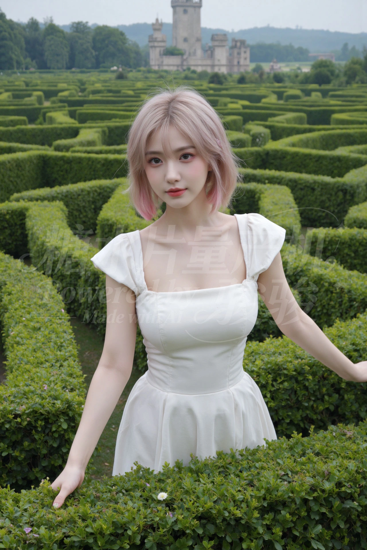 紫藤花瀑下，银发白裙，手捻花穗