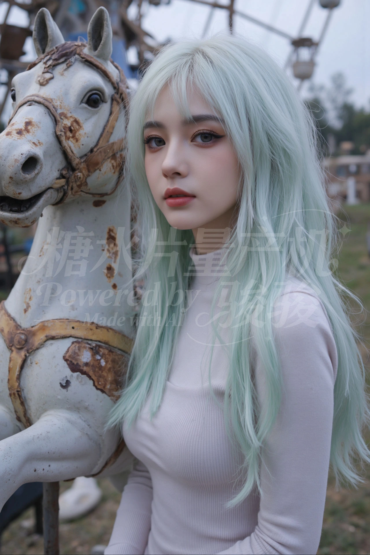 紫藤花瀑下，银发白裙，手捻花穗