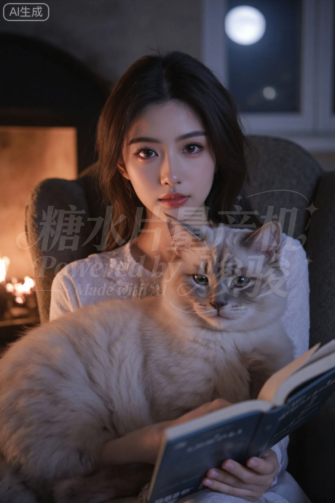 壁炉暖光下，拥猫捧书