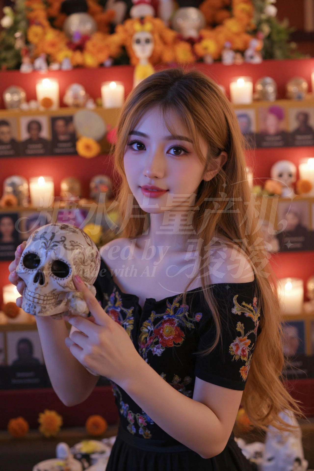 亡灵祭台前，花裙飒爽，手捧彩绘骷髅
