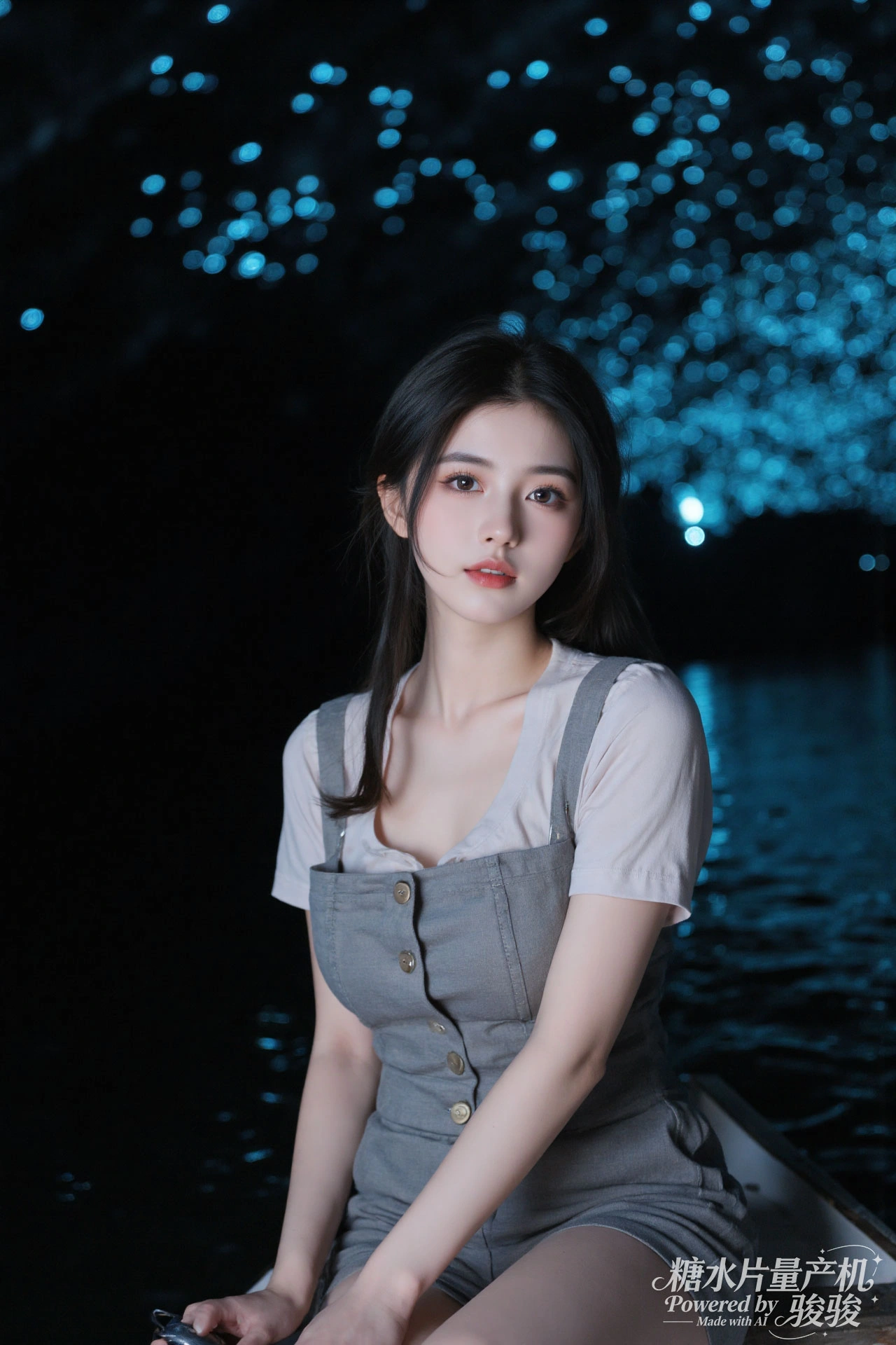 白裙幽婉，花簇清灵，萤光曳绿，夜园如梦