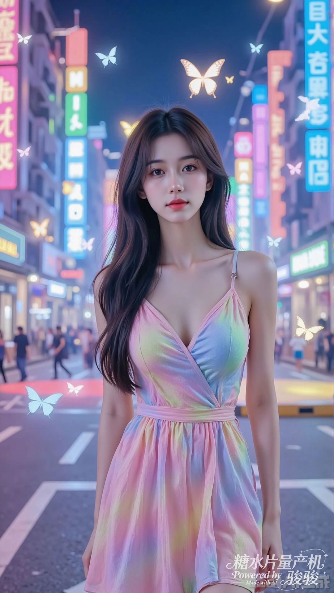 白裙幽婉，花簇清灵，萤光曳绿，夜园如梦