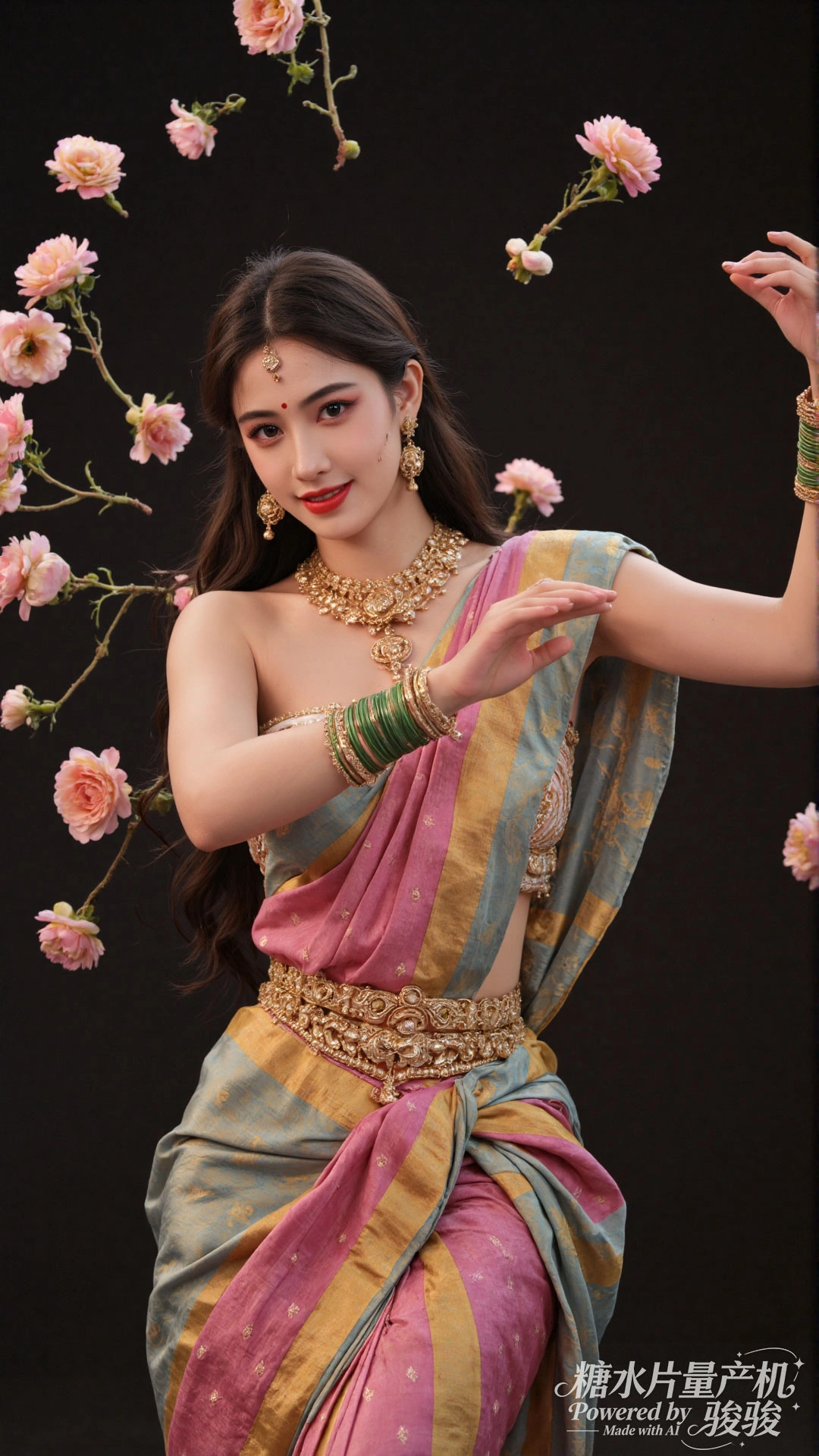 粉袍柔美，狮旁笃定，执笔绘梦，反差绝韵