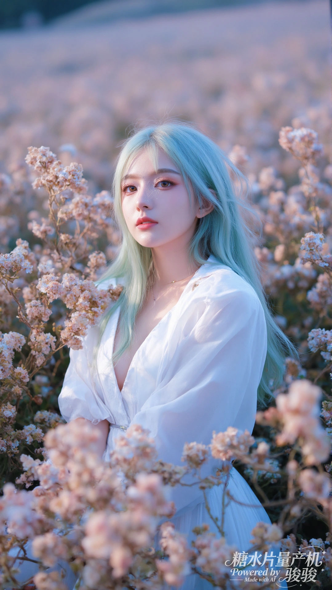 绿发空灵，白裙梦幻，花田烂漫，仙气悠然