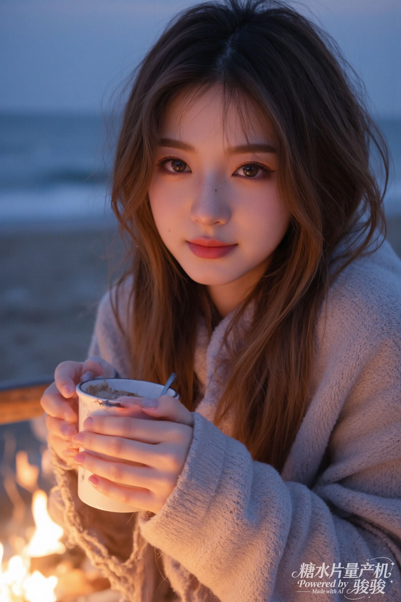 暖衫温柔，篝火暖融，海滩静谧，夜色悠然