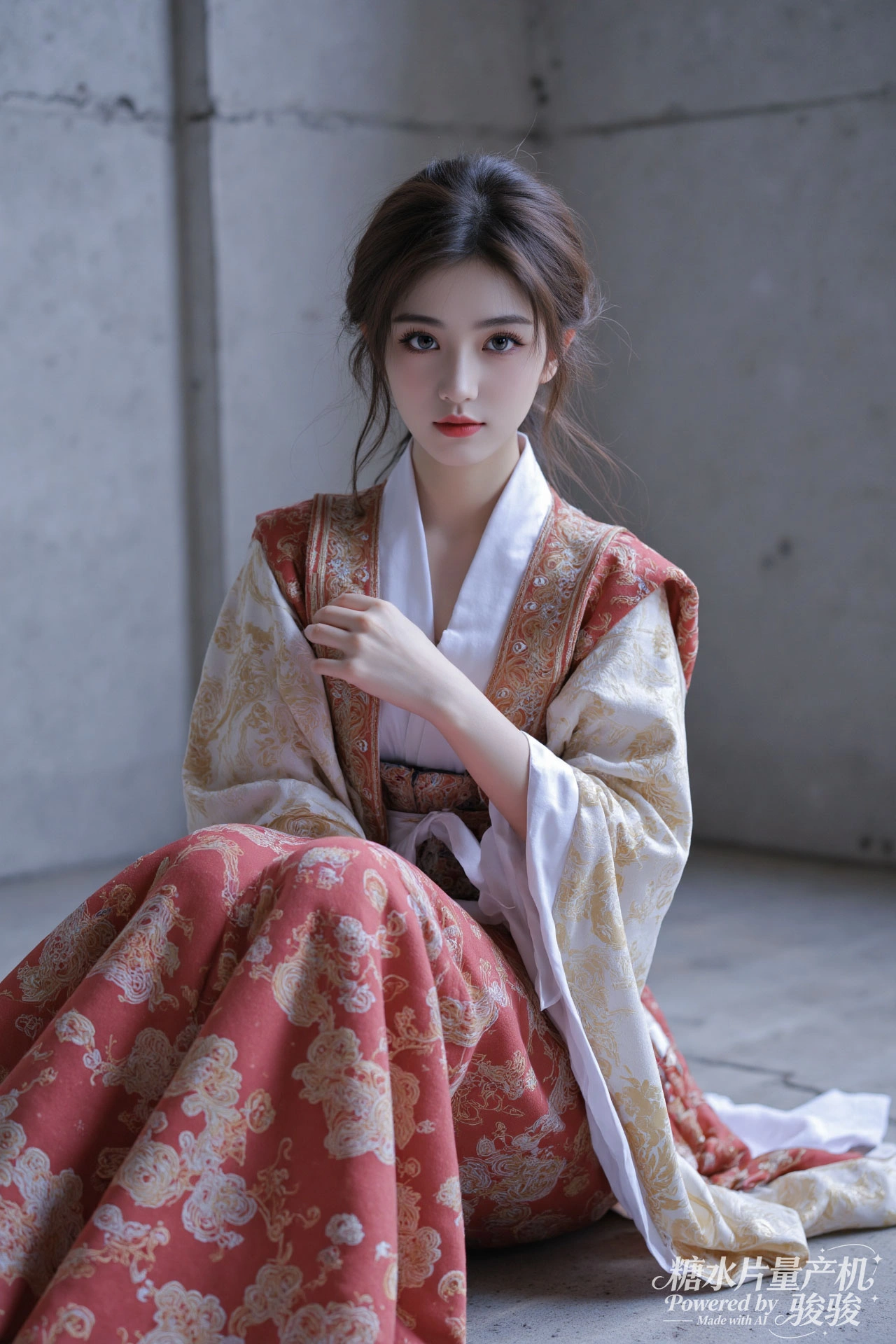 汉服华贵，红金典雅，冷墙 contrast，古韵悠然