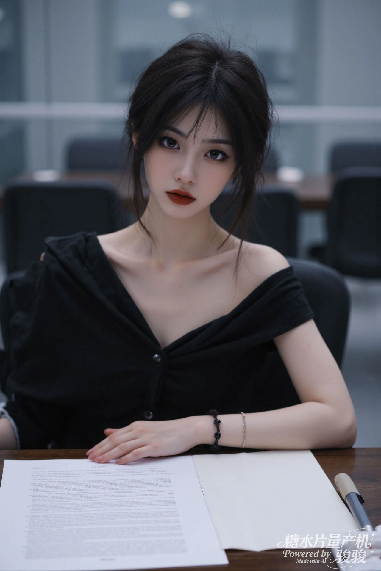 黑衫冷艳，职场干练，红唇夺目，御姐气场