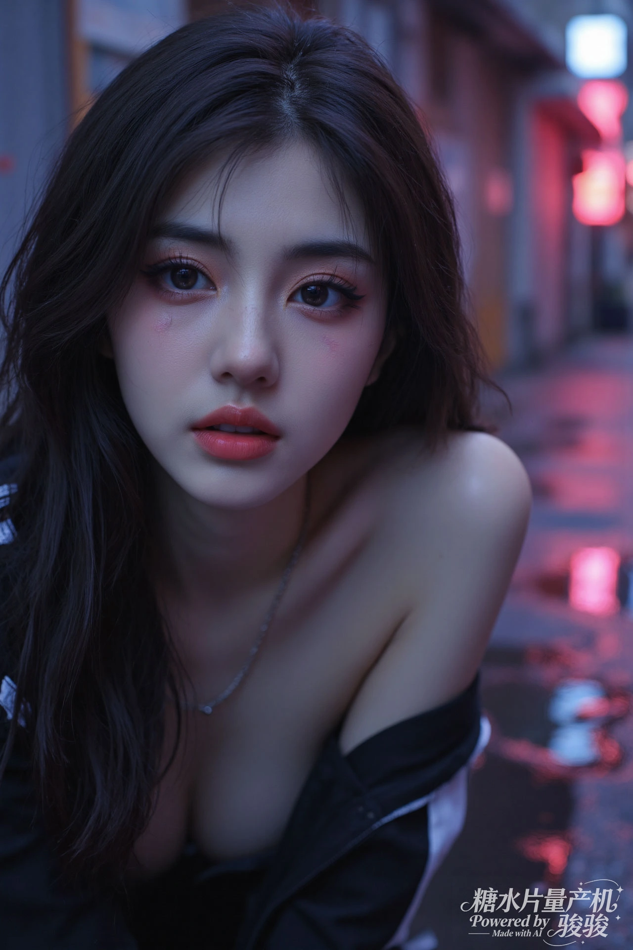 夜巷迷幻，霓虹魅惑，黑衫性感，都市冷艳