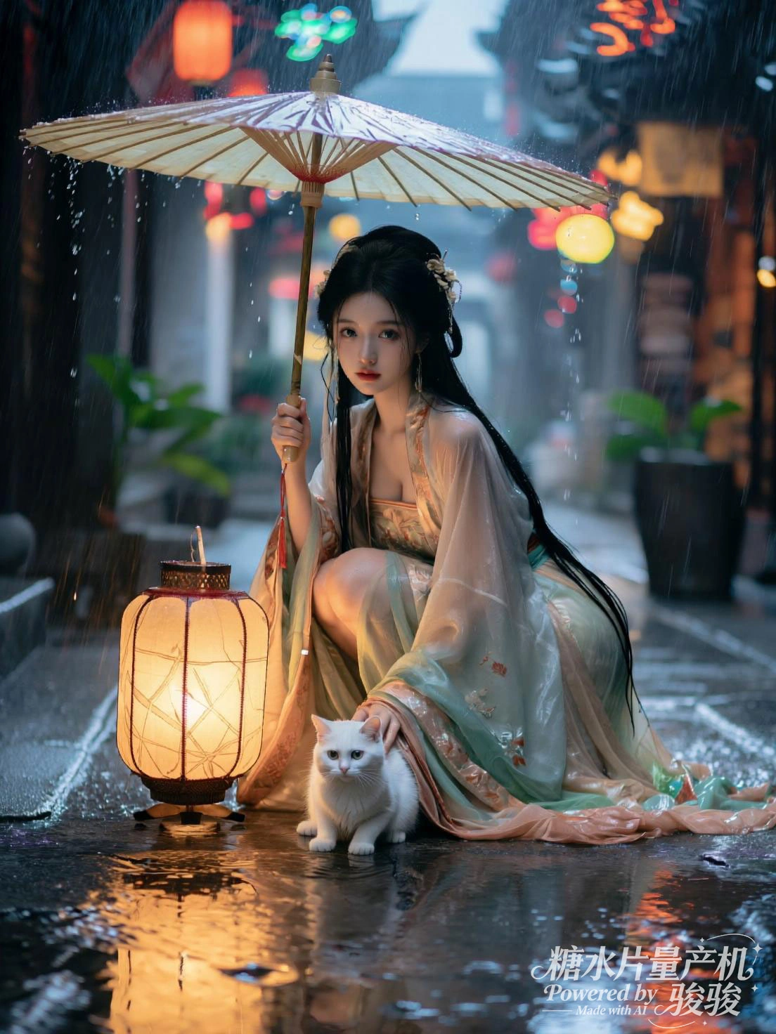 汉服撑伞，膝旁白猫相伴，在灯笼的暖光与雨巷的诗意交融中，东方古韵里温柔 ...