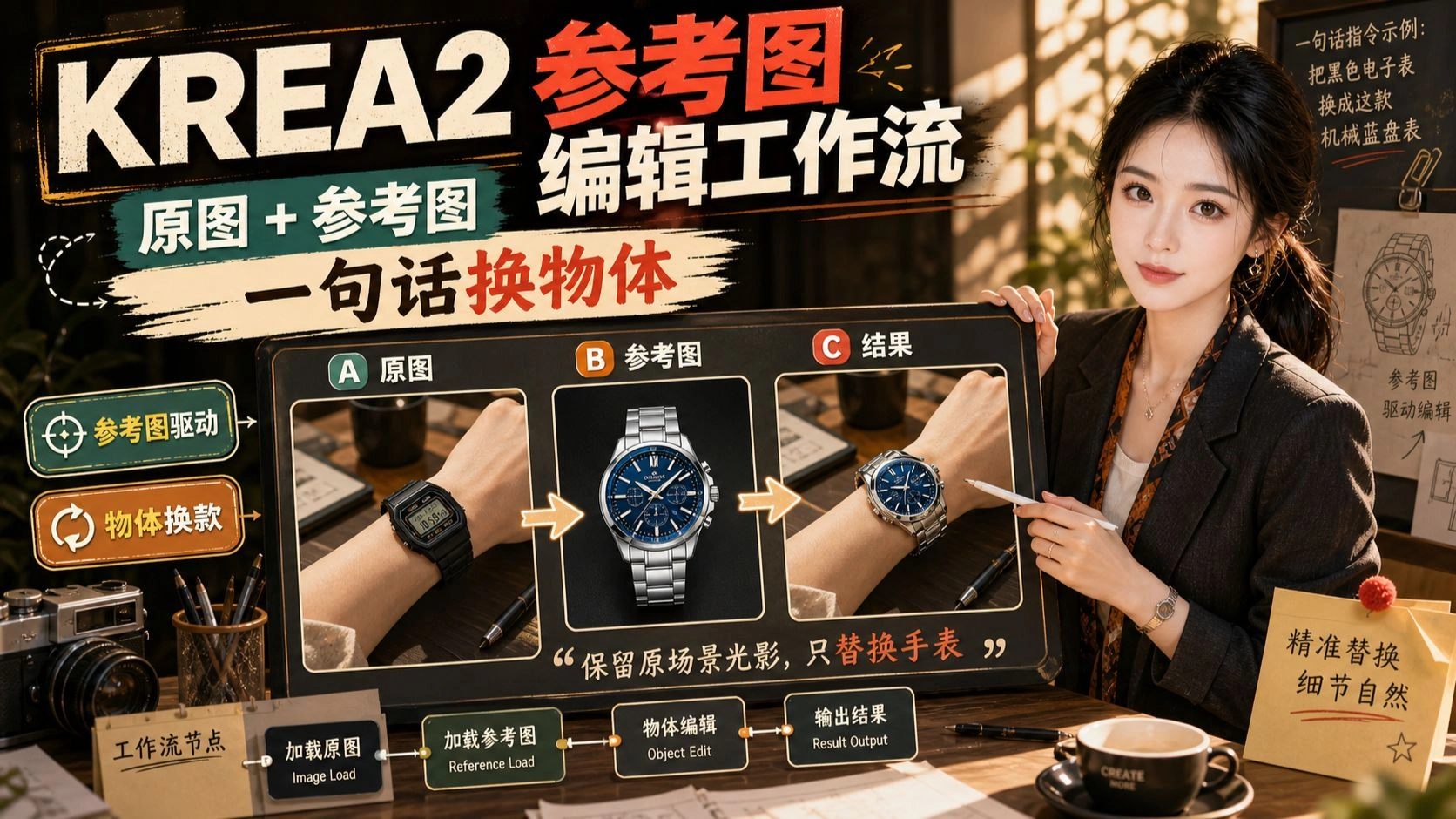 KREA2 参考图编辑：原图+参考图，一句话换物体