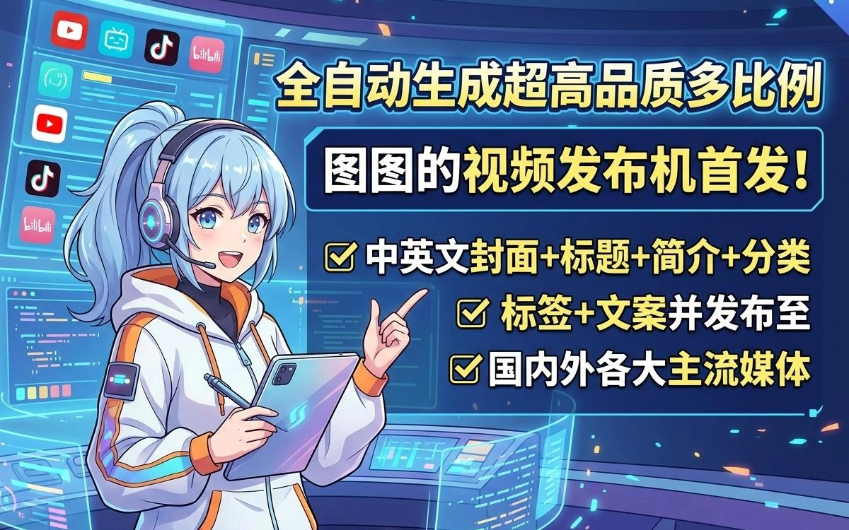 视频发布机首发：多比例中英封面+标题文案一键发布